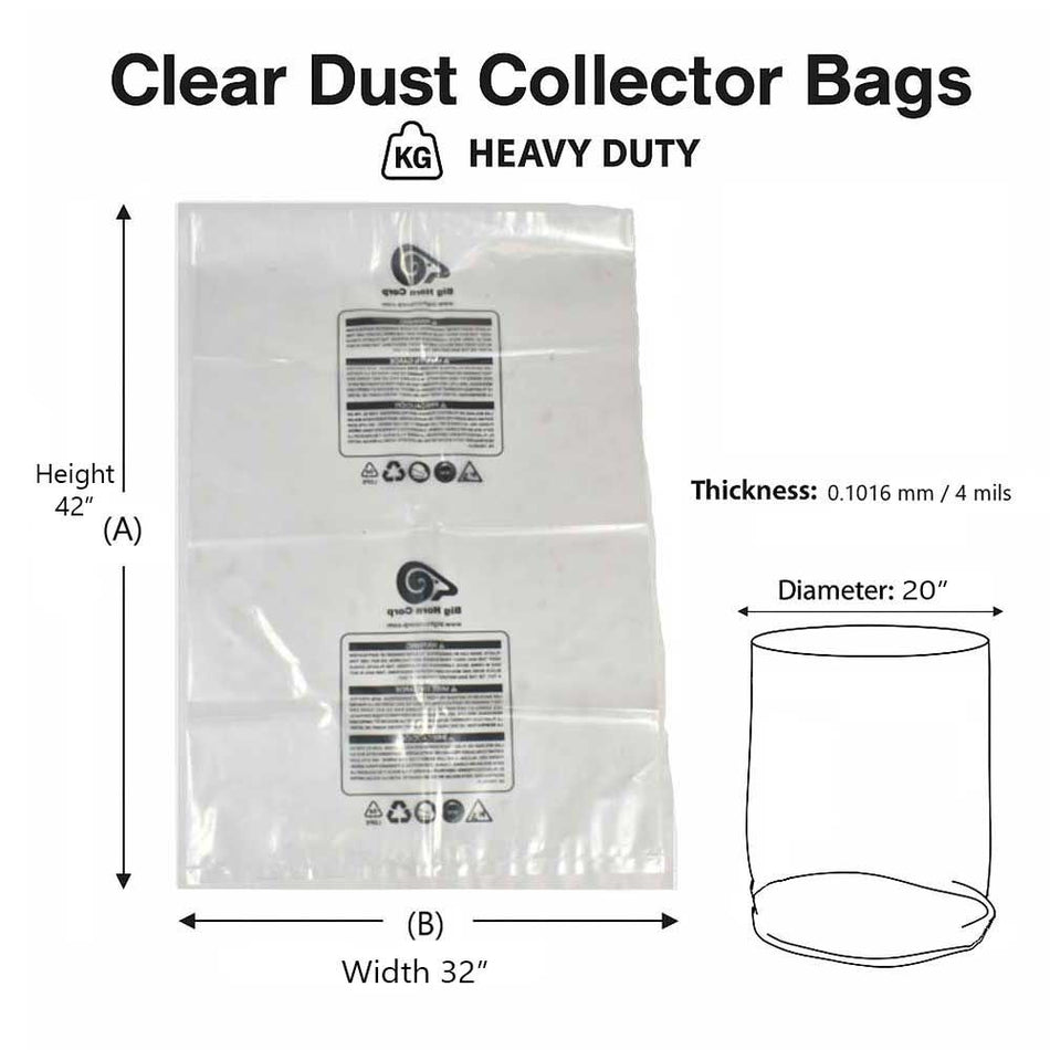 Big Horn 20" Diameter Clear Plastic Dust Collection Bag 32" x 42" 5-pk