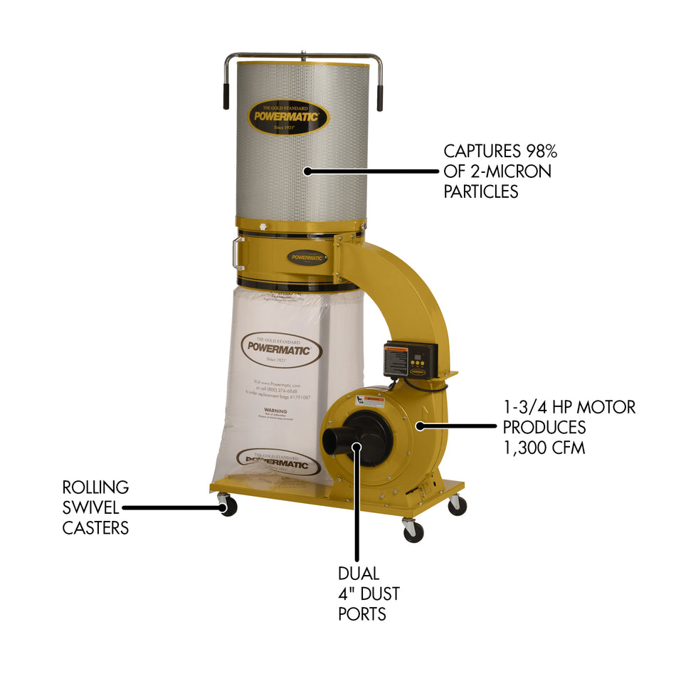 Powermatic PM1300TX-CK Dust Collector, 1.75HP 1PH 115/230V, 2-Micron Canister Kit
