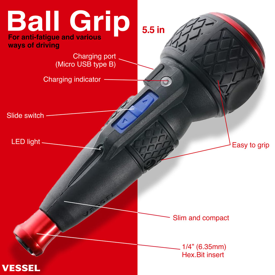 Vessel BALL GRIP Rechargeable Screwdriver + Impact Ball Torsion Bit