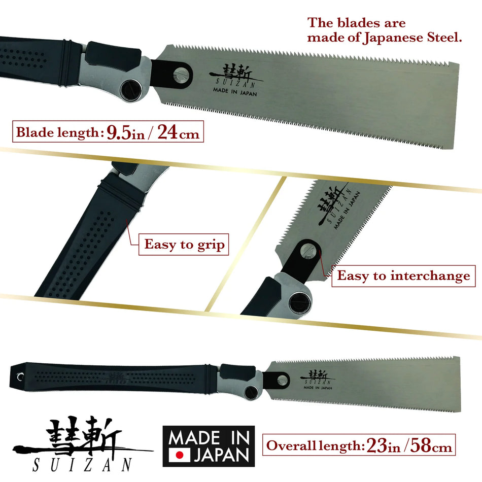 Suizan F-001 Japanese Folding Ryoba Pull Saw 9.5 Inch (240mm) Double Edge Hand Saw for Woodworking