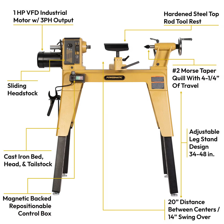 Powermatic PM1-482 14" x 20" Woodworking Lathe, Variable Speed with Stand (PM2014B)